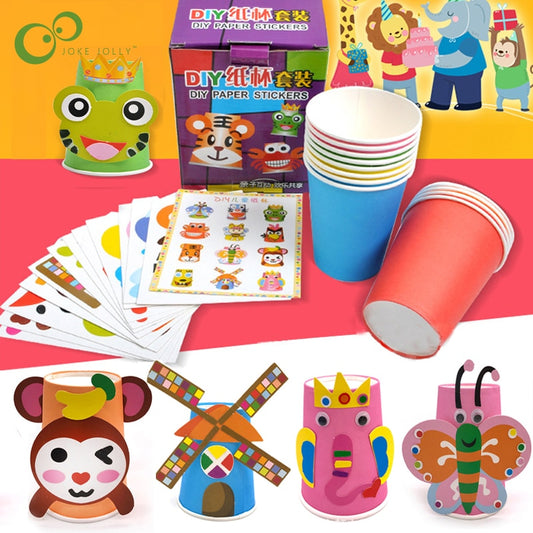 12pcs/set Kids Animals DIY handmade paper cups sticker material kit